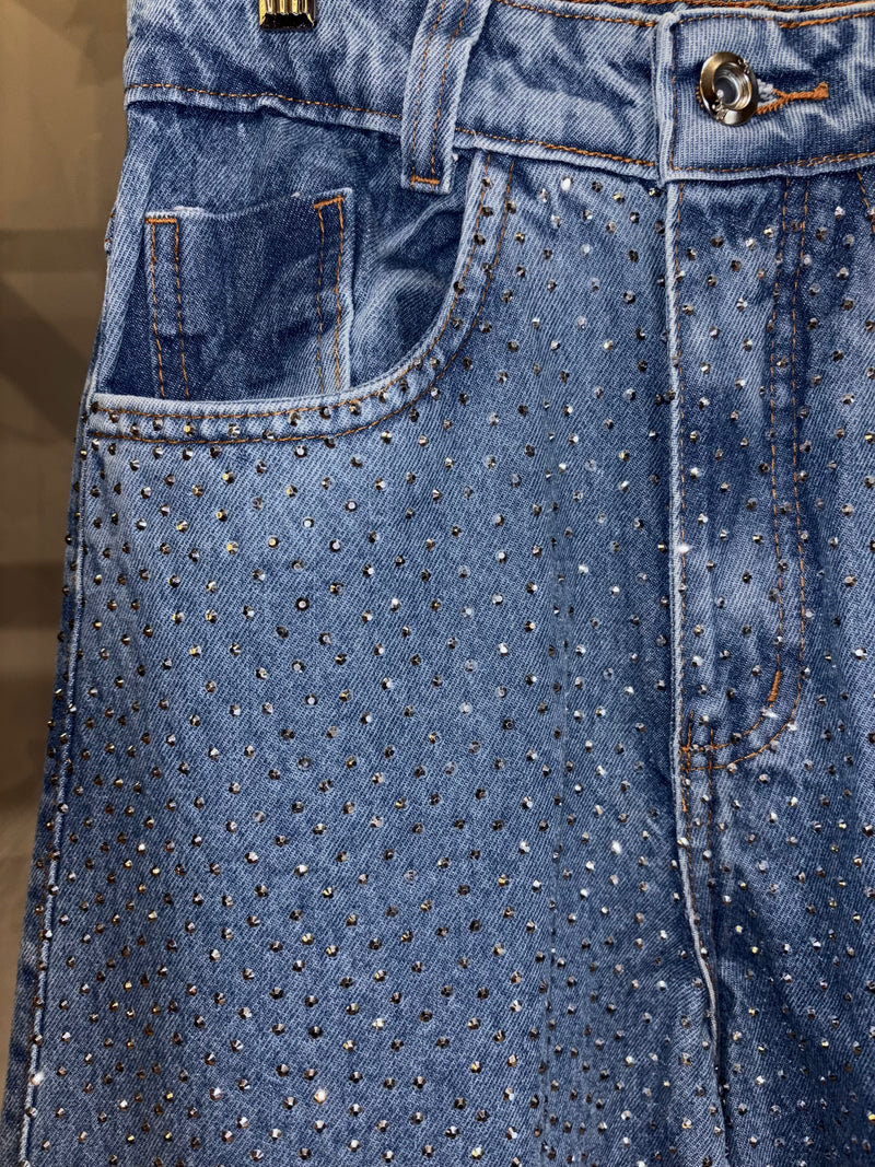 Calça Jeans Wideleg Strass